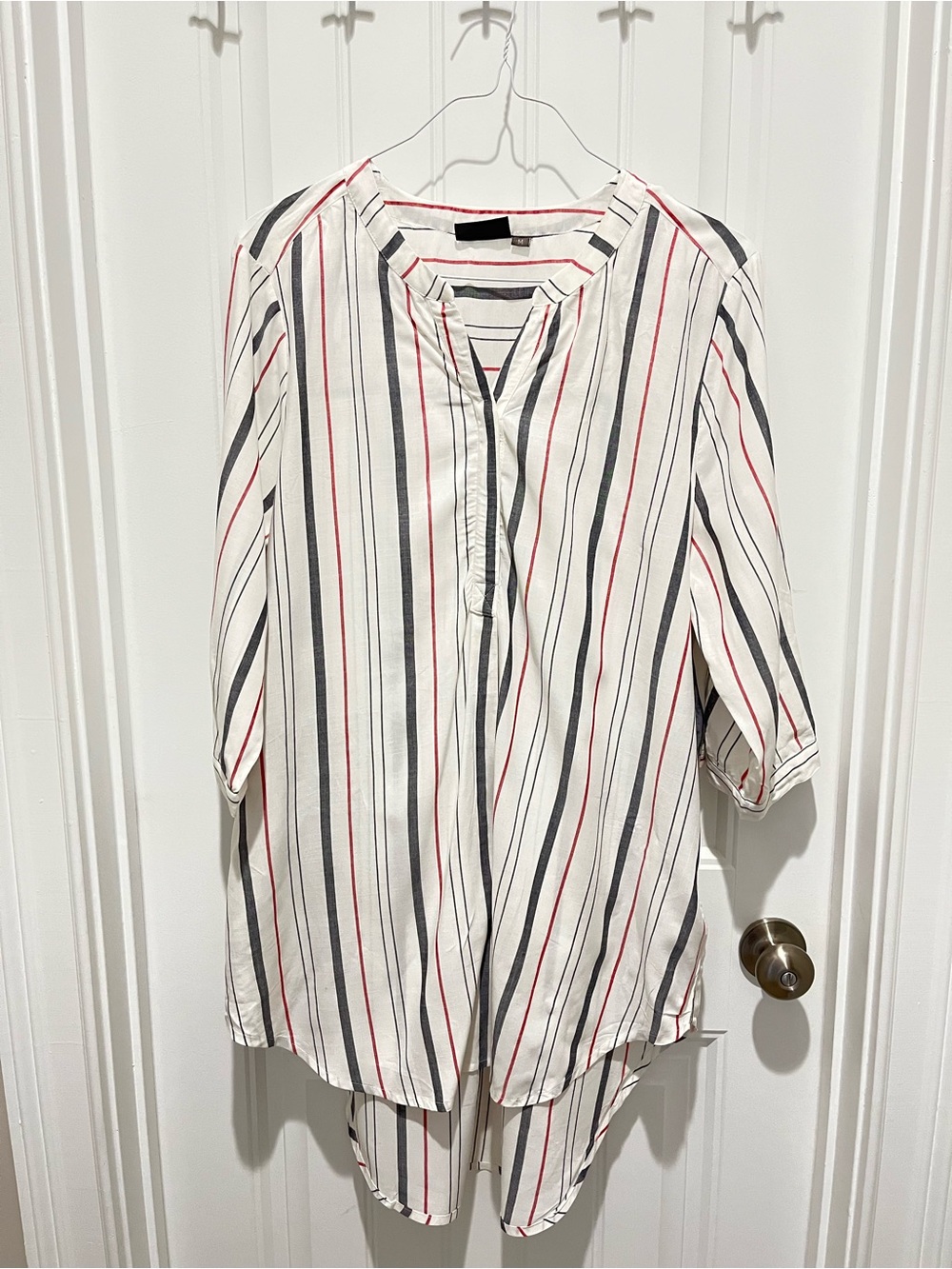 Striped V-Neck Tunic Blouse in White with Black & Red Stripes